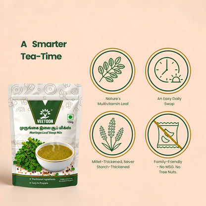 Moringa soup mix as a smarter tea-time drink, millet-thickened with no MSG and no tree nuts