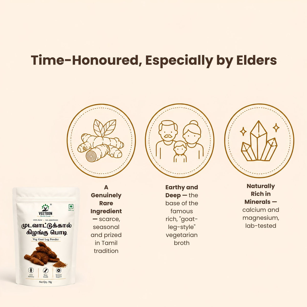 Mudavaattu kizhangu powder, a rare seasonal Tamil tradition ingredient and the earthy base of goat-leg-style vegetarian broth, naturally rich in calcium and magnesium