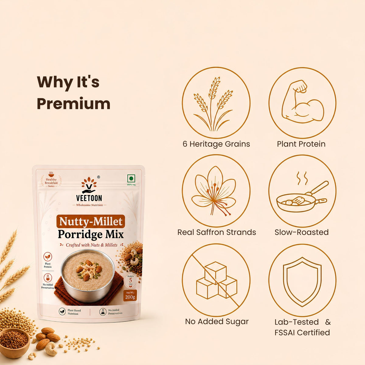 Why Veetoon Nutty-Millet Porridge Mix is premium: 6 heritage grains, plant protein, real saffron strands, slow-roasted, no added sugar, lab tested and FSSAI certified