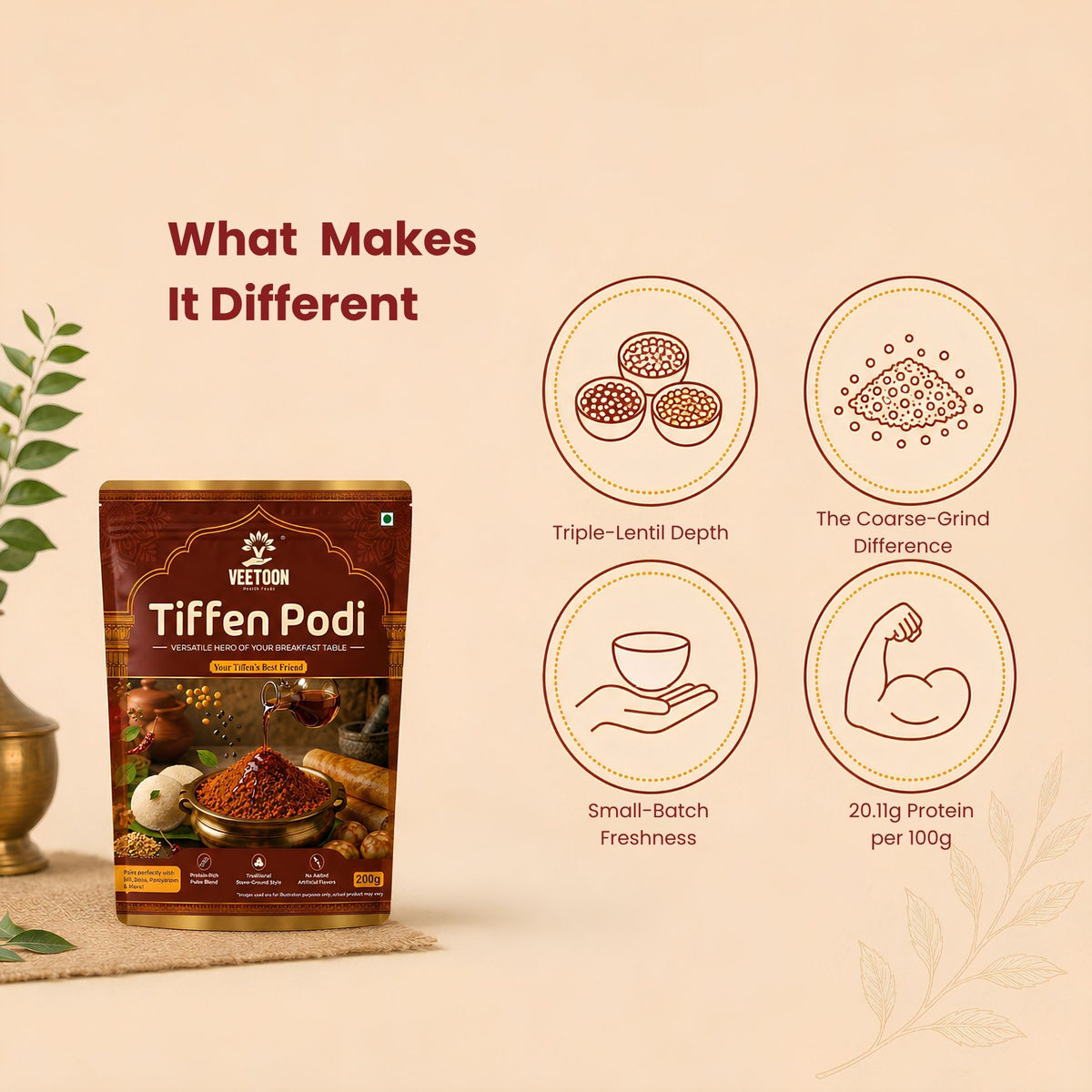 What makes Veetoon Tiffen Podi special – multi-dal blend, coarse-grind texture, small-batch freshness and 20.11g protein per 100g