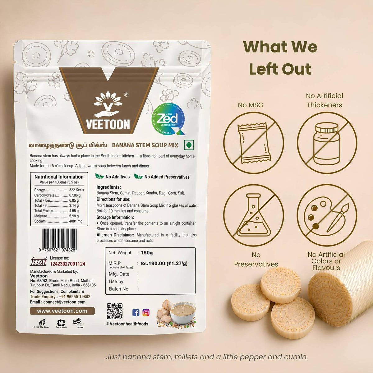 Back of Veetoon Banana Stem Soup Mix pack: no preservatives, no MSG, no artificial colours, nutrition information
