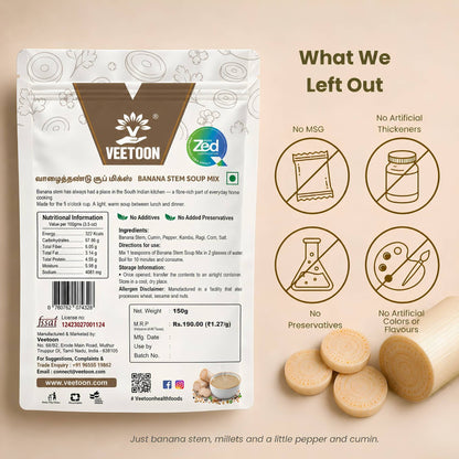 Back of Veetoon Banana Stem Soup Mix pack: no preservatives, no MSG, no artificial colours, nutrition information