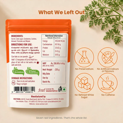 Back label of Veetoon Carrot Malt 225g with ingredients, nutritional information, directions for use and FSSAI licence