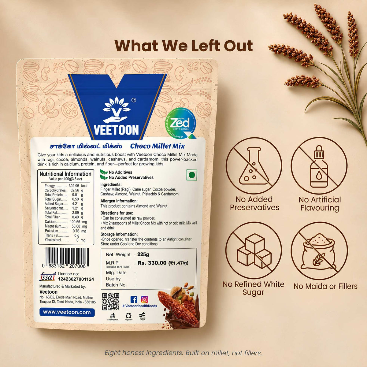 Back label of Veetoon Choco Millet Mix 225g ragi chocolate malt with nutritional information, ingredients, directions for use and FSSAI licence
