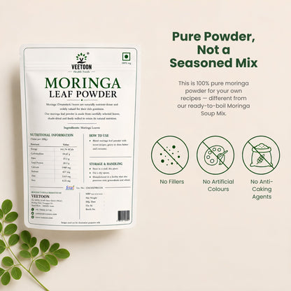 Veetoon Moringa Leaf Powder back label – ingredients moringa leaves, nutritional information, how to use, storage, FSSAI licence, no fillers, no artificial colours, no anti-caking agents