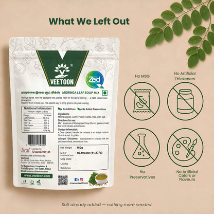 Back of Veetoon Moringa Leaf Soup Mix pack: no preservatives, no MSG, no artificial colours, nutrition information