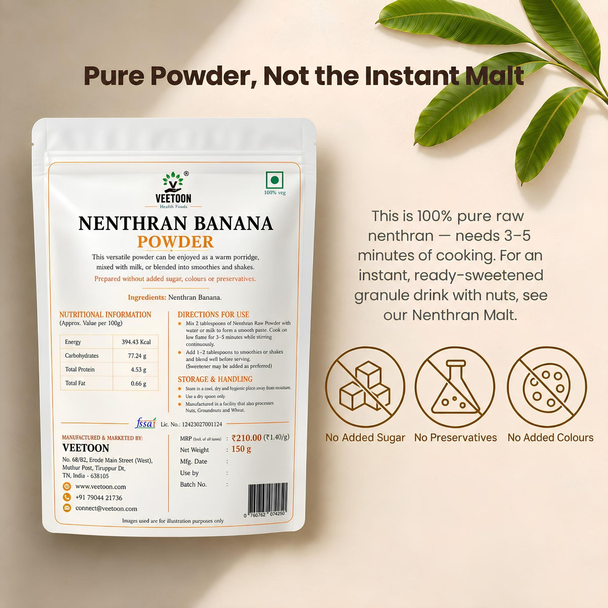Veetoon Nenthran Banana Powder back label – ingredient nenthran banana, nutritional information, directions for use, storage, allergen note and FSSAI licence