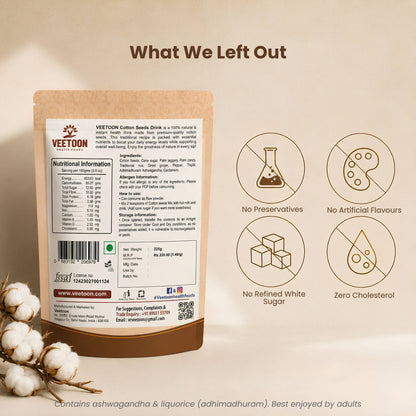 Back label of Veetoon Cotton Seeds Drink Mix 225g paruthi paal with ingredients, nutritional information, how to use and FSSAI licence, no preservatives, no artificial flavours, zero cholesterol