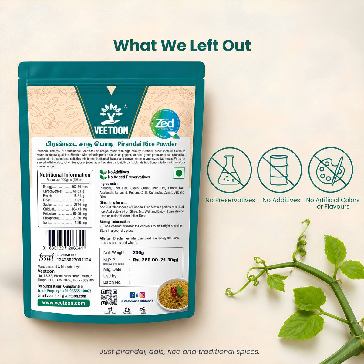 Back label of Veetoon Pirandai Rice Powder 200g with nutritional information, ingredients, directions for use, no additives, no added preservatives and FSSAI licence
