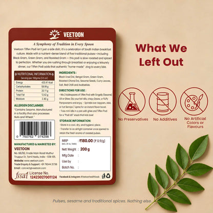 Veetoon Tiffen Podi 200g back label – nutritional information, ingredients, directions for use, allergen note (contains sesame), FSSAI licence, no preservatives, no additives, no artificial colours or flavours