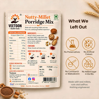 Back label of Veetoon Nutty-Millet Porridge Mix 200g with nutritional information, ingredients, directions for use and FSSAI licence