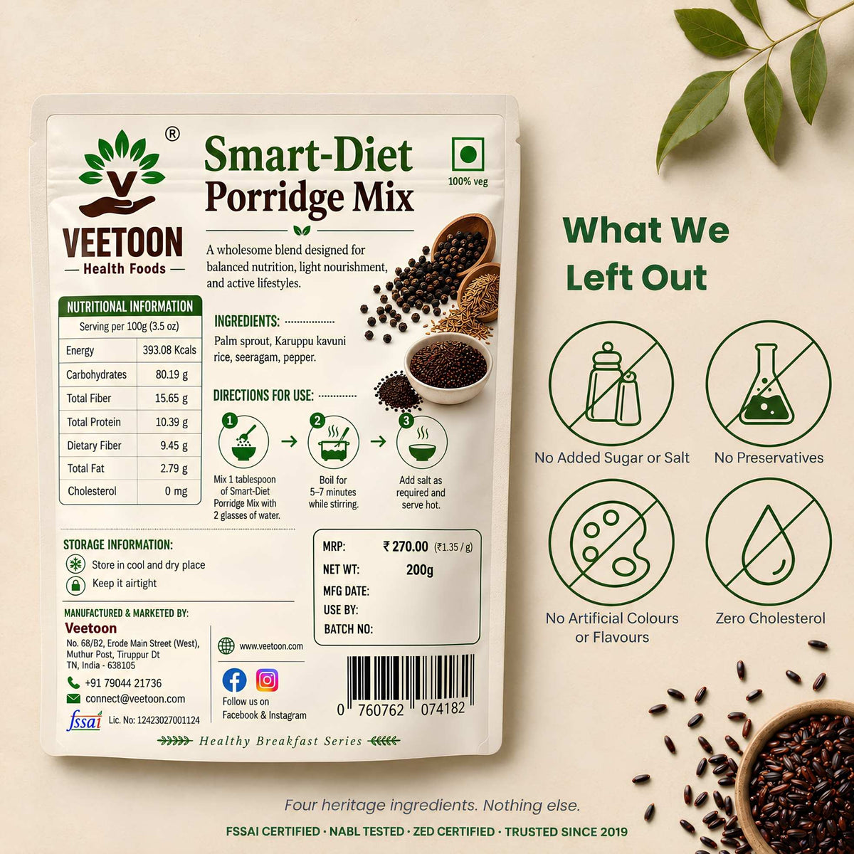 Back label of Veetoon Smart-Diet Porridge Mix 200g with nutritional information, ingredients, directions for use and FSSAI licence
