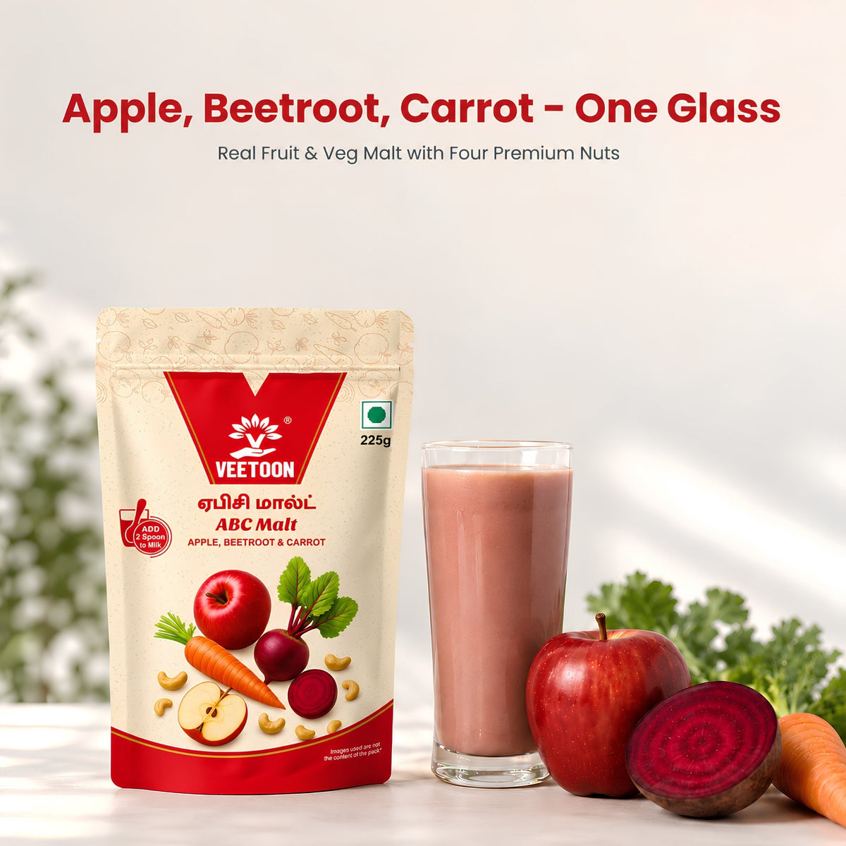ABC Malt apple beetroot carrot health drink mix 225g pack with a glass of pink malt milk