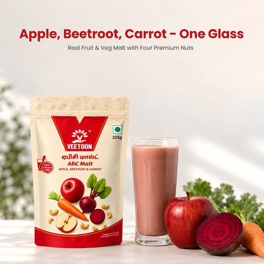 ABC Malt apple beetroot carrot health drink mix 225g pack with a glass of pink malt milk