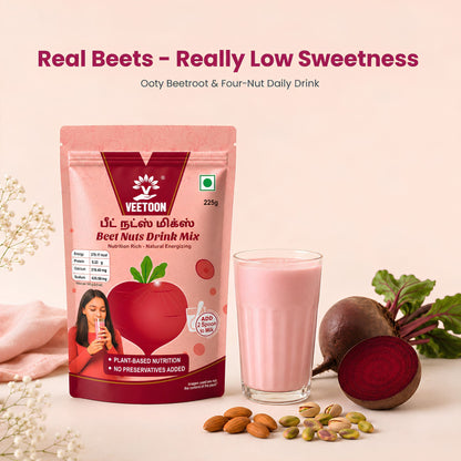 Beet Nuts Drink Mix 225g pack with a glass of pink beetroot nut milk, almonds and pistachios