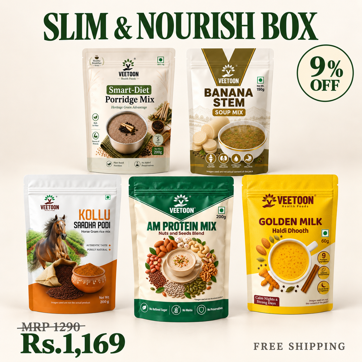 Veetoon Slim & Nourish Box — Smart-Diet Porridge Mix 200g, Kollu Saadha Podi 200g, AM Protein Mix 200g, Banana Stem Soup Mix 150g and Golden Milk 60g packs