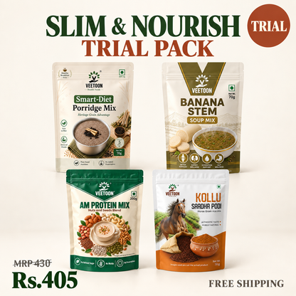 Veetoon Slim & Nourish Trial Pack — four 70g packs: Smart-Diet Porridge, AM Protein Mix, Kollu Saadha Podi and Banana Stem Soup Mix