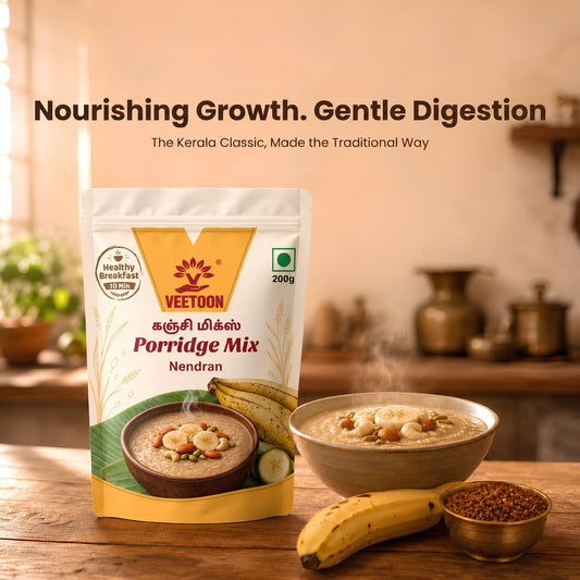 Veetoon Kerala Nenthran Porridge Mix pouch with a steaming bowl of porridge and banana