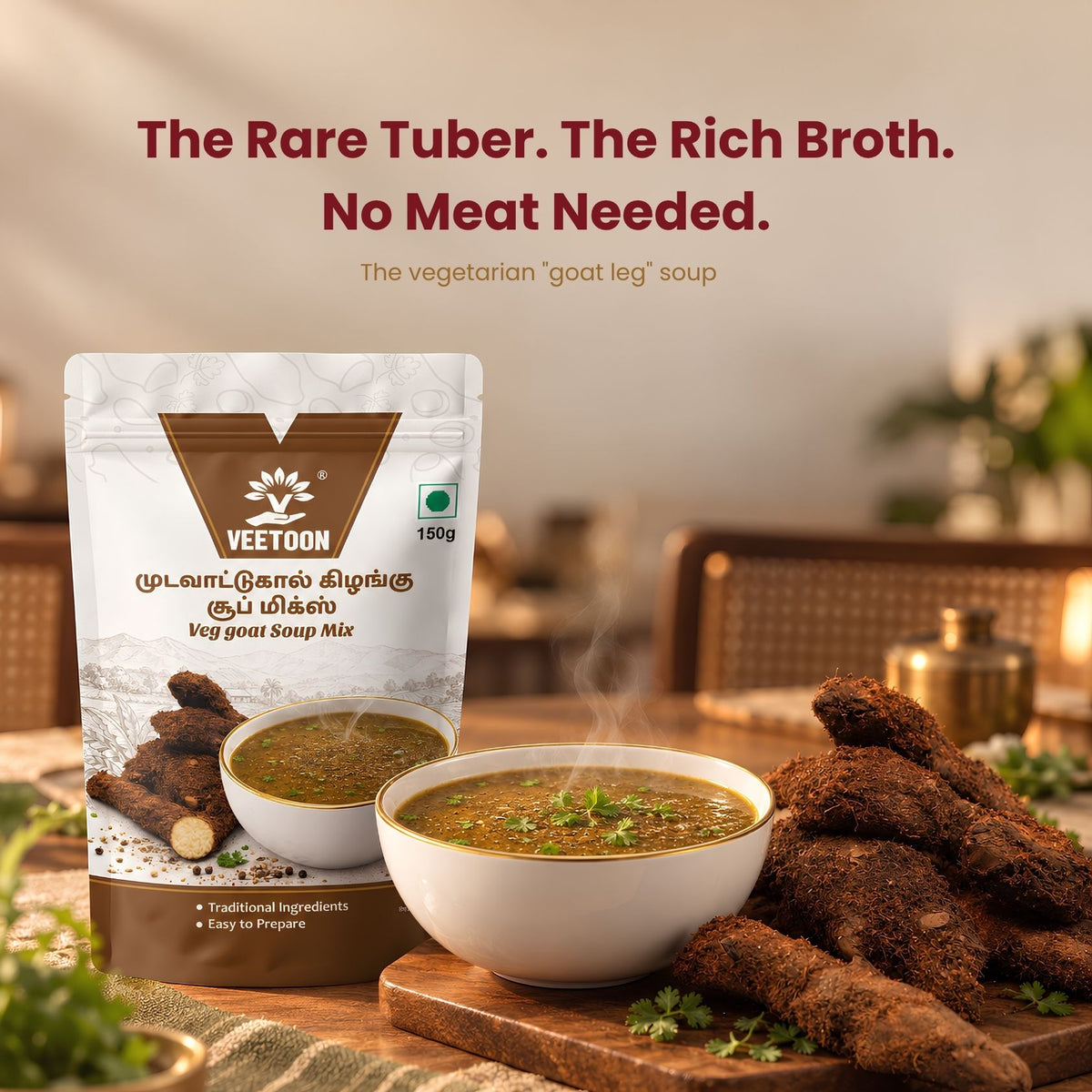 Veetoon Mudavaattukaal Kizhangu Veg Goat Soup Mix pack with a bowl of steaming vegetarian goat-leg style soup and whole kizhangu tubers