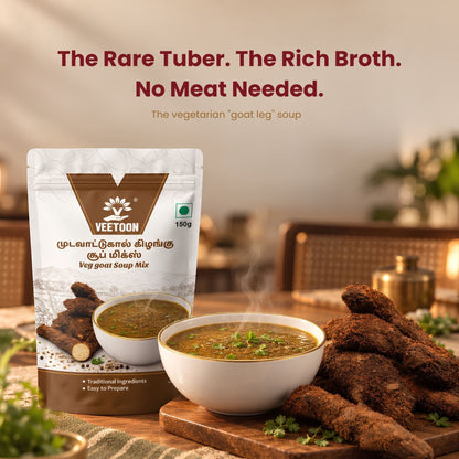 Veetoon Mudavaattukaal Kizhangu Veg Goat Soup Mix pack with a bowl of steaming vegetarian goat-leg style soup and whole kizhangu tubers
