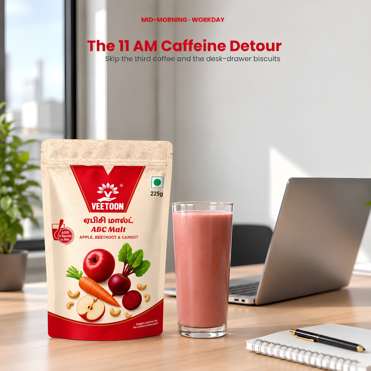 ABC Malt healthy mid-morning office drink with real fruit, veg and nuts, an alternative to coffee and biscuits