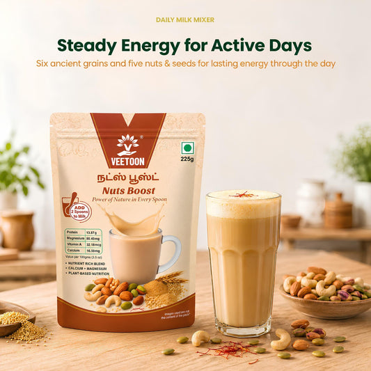 Nuts Boost daily milk mixer with six ancient grains and five nuts and seeds for lasting energy