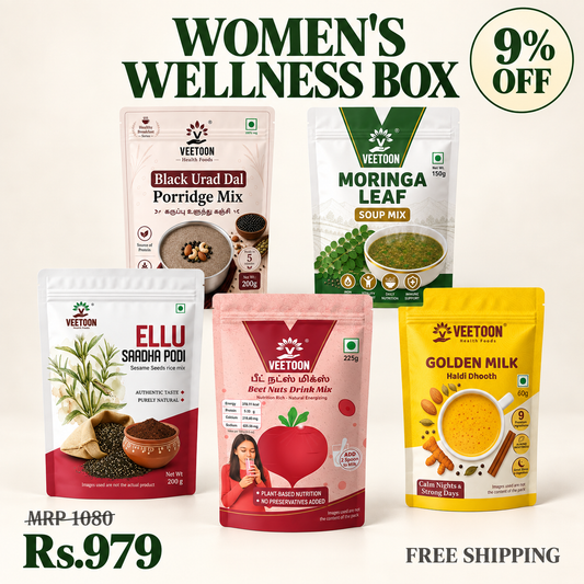 Veetoon Women's Wellness Box — Black Urad Dal Porridge Mix 200g, Ellu Saadha Podi 200g, Beet Nuts Drink Mix 225g, Moringa Leaf Soup Mix 150g and Golden Milk 60g