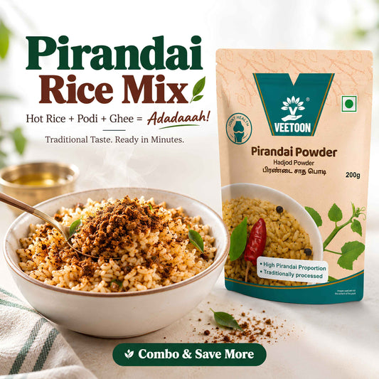 Veetoon Pirandai Rice Mix with hot rice and ghee for an easy traditional meal