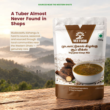 Veetoon Mudavaattukaal Kizhangu Soup Mix pack near the Western Ghats, highlighting the rare, seasonally sourced tuber
