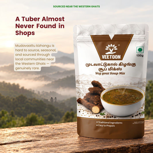Veetoon Mudavaattukaal Kizhangu Soup Mix pack near the Western Ghats, highlighting the rare, seasonally sourced tuber