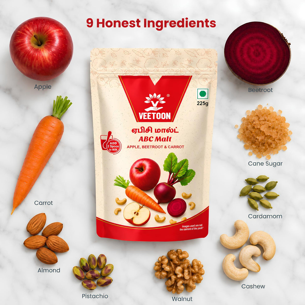 ABC Malt ingredients: apple, beetroot, carrot, cane sugar, cardamom, cashew, almond, pistachio and walnut