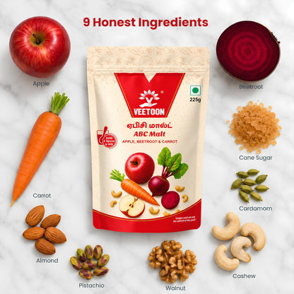 ABC Malt ingredients: apple, beetroot, carrot, cane sugar, cardamom, cashew, almond, pistachio and walnut