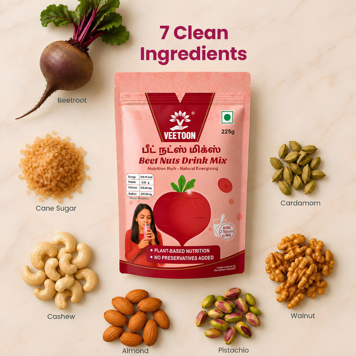 Beet Nuts ingredients: beetroot, cane sugar, cardamom, cashew, almond, pistachio and walnut