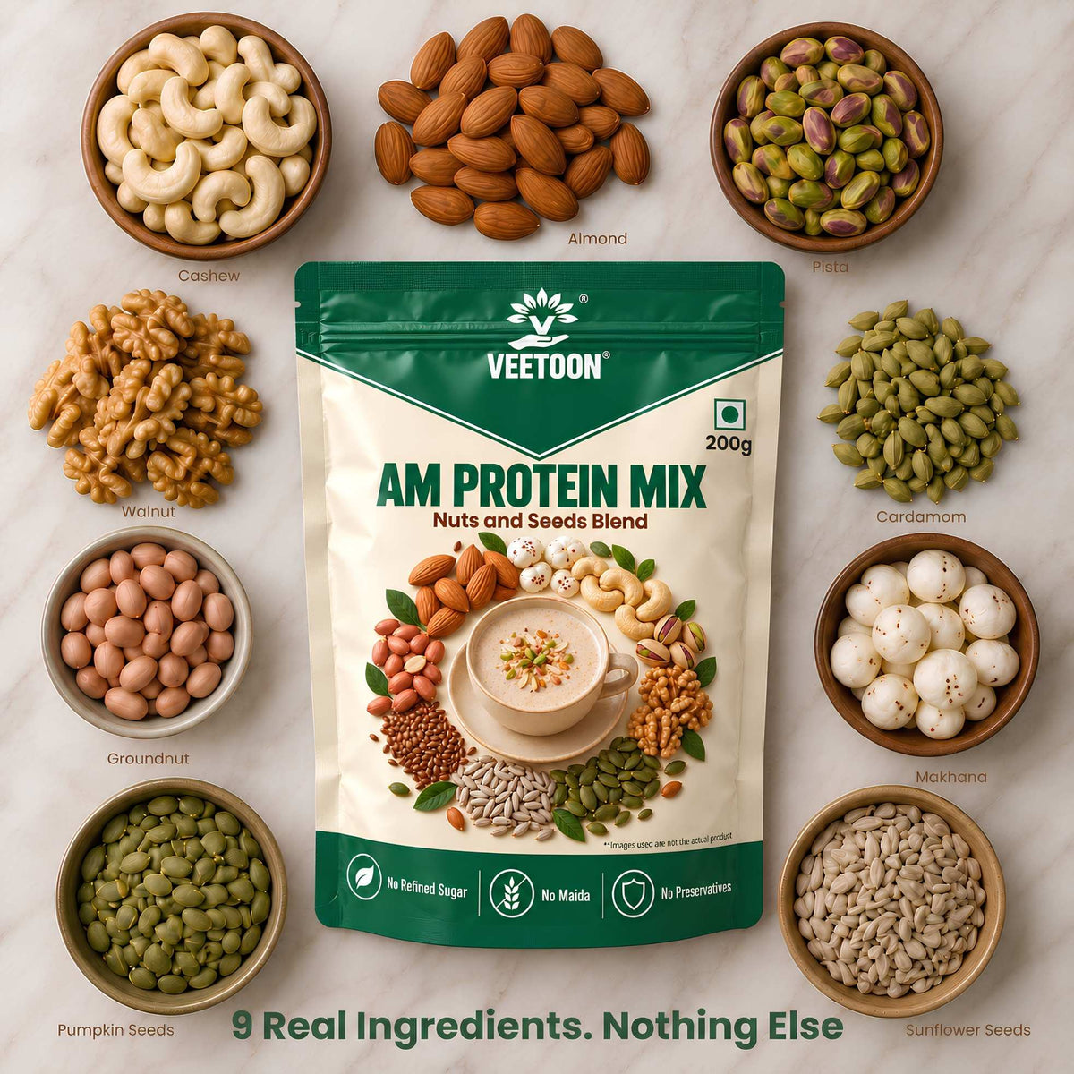Veetoon AM Protein Mix made with 9 real ingredients: cashew, almond, pistachio, walnut, groundnut, pumpkin seeds, sunflower seeds, makhana and cardamom
