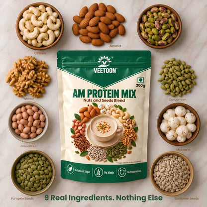 Veetoon AM Protein Mix made with 9 real ingredients: cashew, almond, pistachio, walnut, groundnut, pumpkin seeds, sunflower seeds, makhana and cardamom