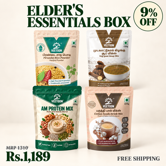 Veetoon Elder's Essentials Box — Pirandai Rice Powder 200g, AM Protein Mix 200g, Cotton Seeds Drink Mix 225g and Mudavaattu Kizhangu Soup Mix 150g