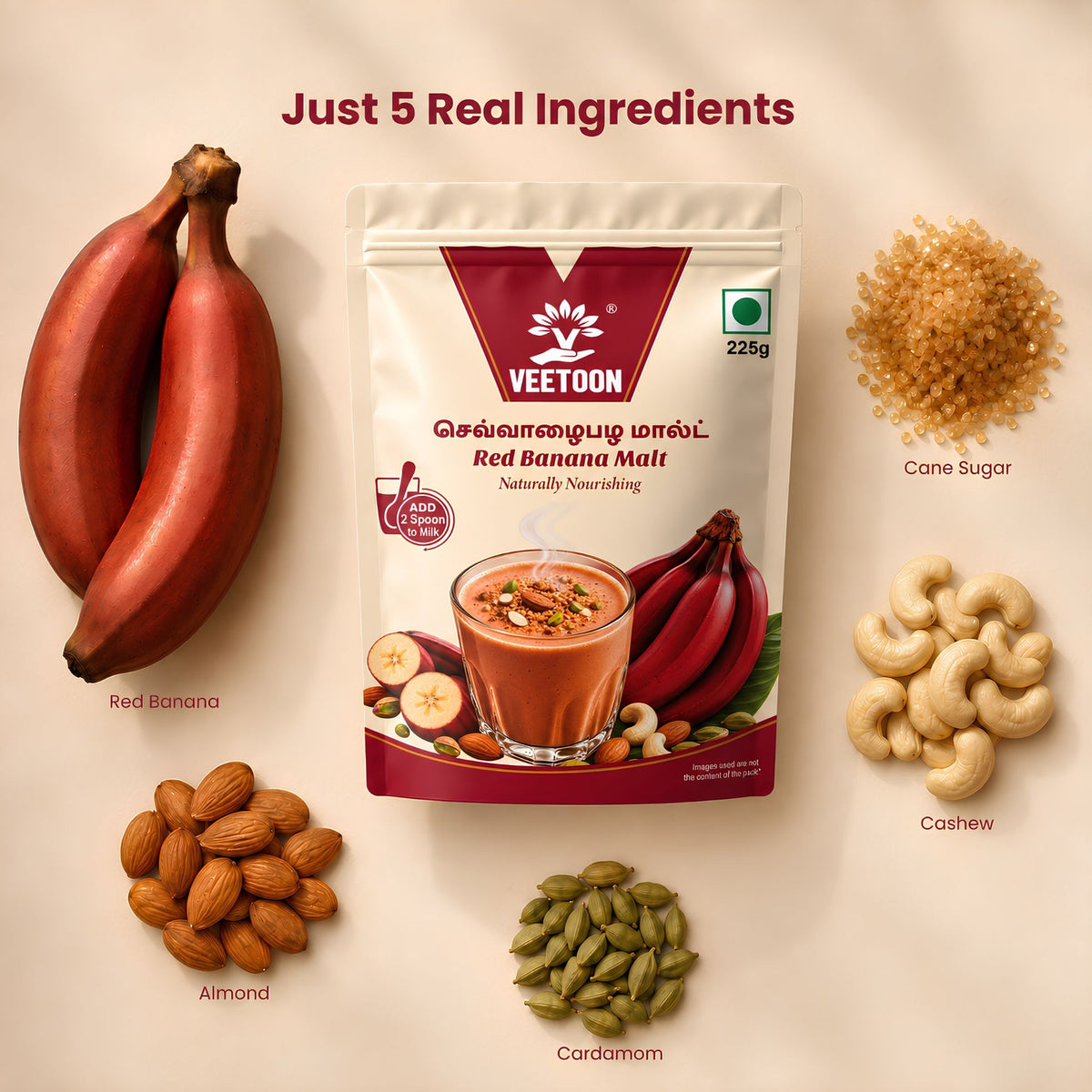 Red Banana Malt ingredients flat lay - red banana, cane sugar, cashew, almond and cardamom
