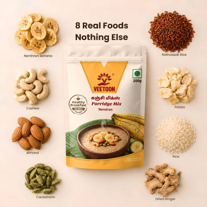 Kerala Nenthran Porridge Mix ingredients flat lay - banana chips, rathasaali rice, cashew, almond, cardamom, dried ginger, rice and potato