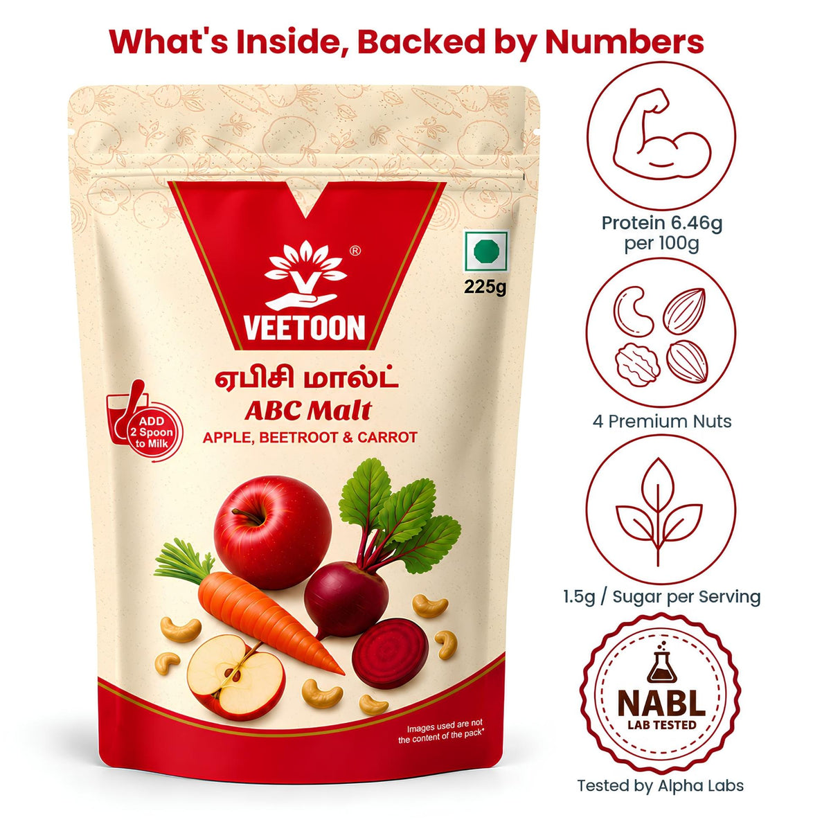 ABC Malt nutrition highlights: 6.46g protein per 100g, four premium nuts, NABL lab tested malt mix