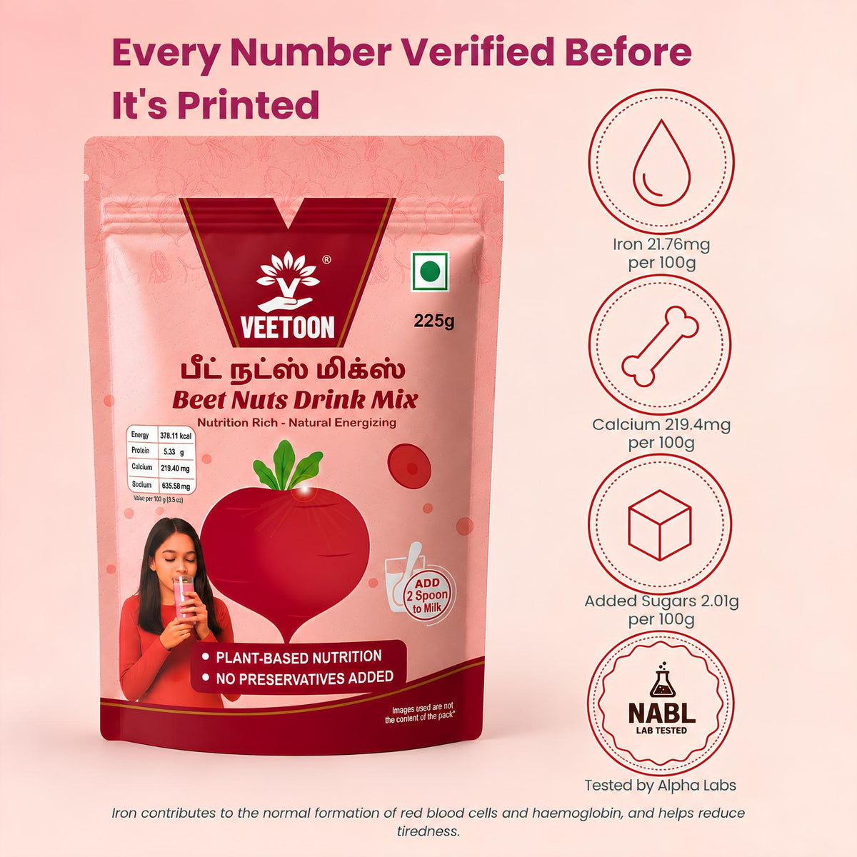 Beet Nuts nutrition per 100g: 21.76mg iron, 219.4mg calcium, 2.01g added sugars, NABL lab tested
