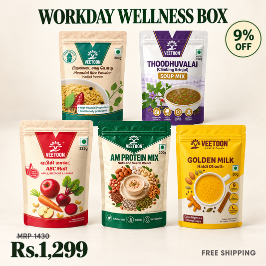Veetoon Workday Wellness Box — Pirandai Rice Powder 200g, ABC Malt 225g, AM Protein Mix 200g, Thoodhuvalai Soup Mix 150g and Golden Milk 60g