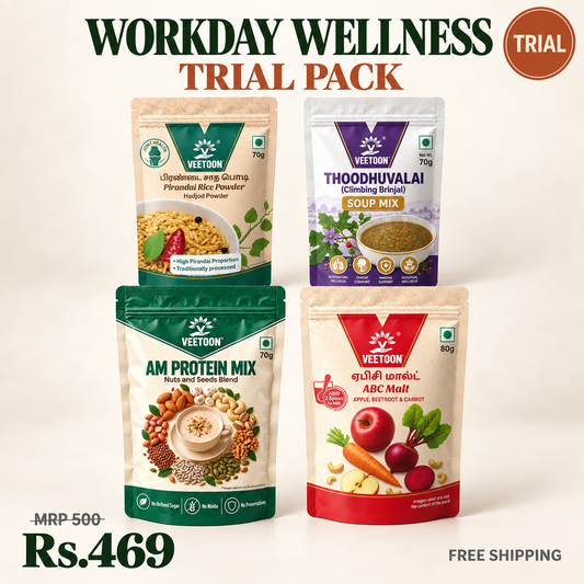 Veetoon Workday Wellness Trial Pack — Pirandai Rice Powder 70g, AM Protein Mix 70g, ABC Malt 80g and Thoodhuvalai Soup Mix 70g