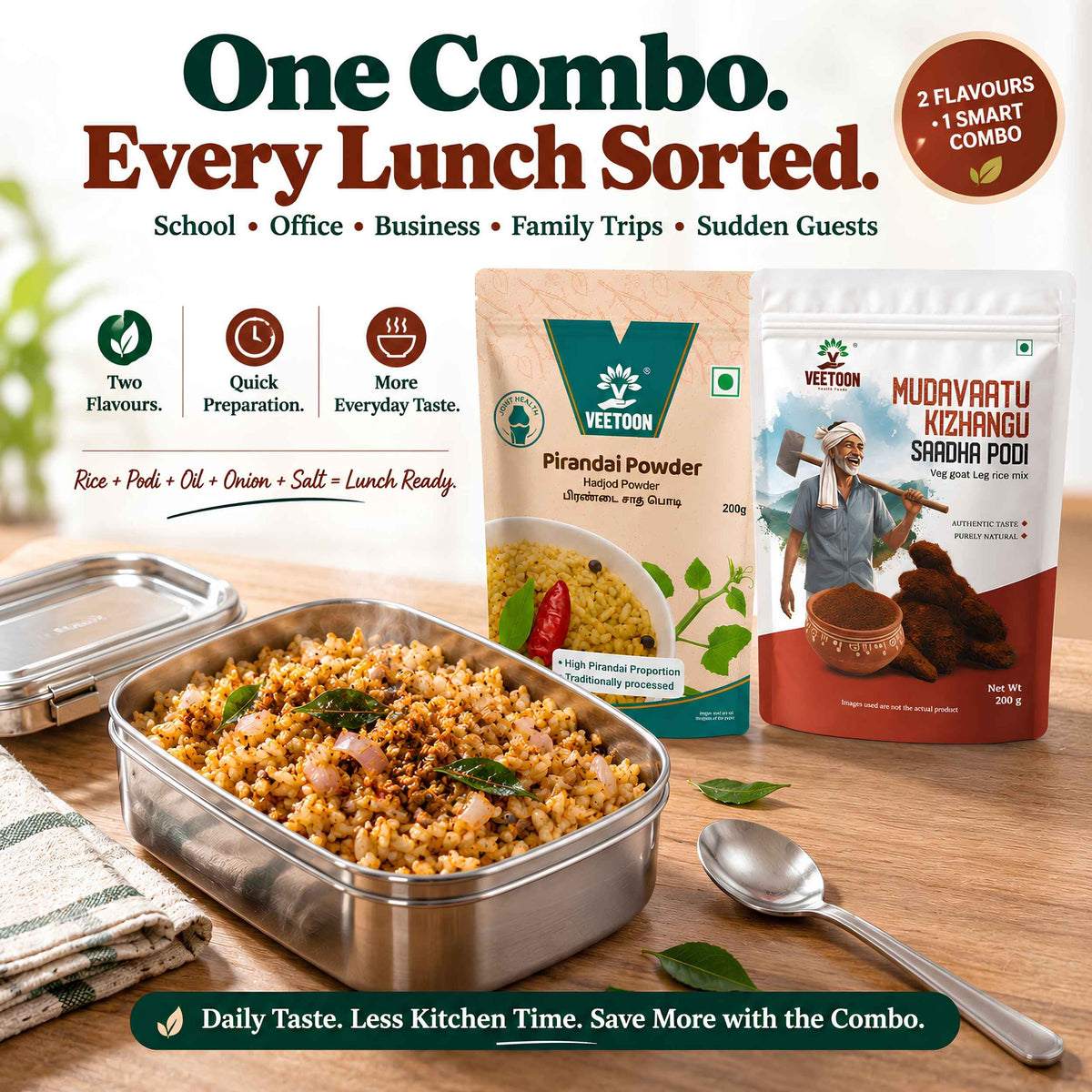 Veetoon Pirandai and Mudavaattu Rice Mix Combo served with hot rice in a lunch box