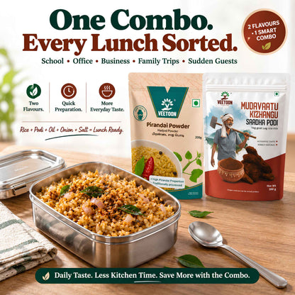 Veetoon Pirandai and Mudavaattu Rice Mix Combo served with hot rice in a lunch box