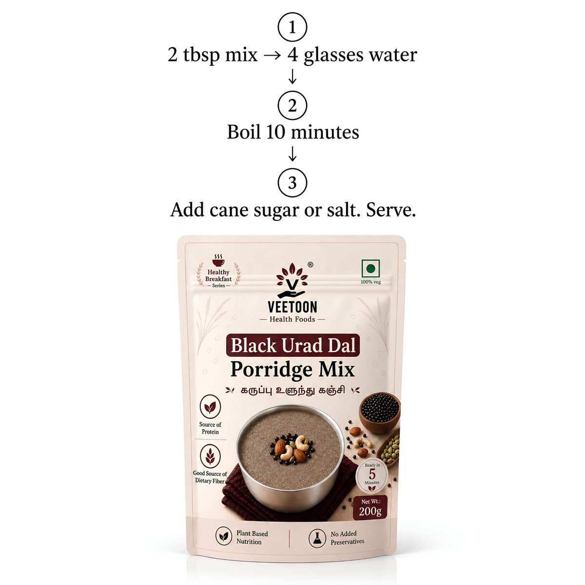 How to prepare — 2 tbsp mix, 4 glasses water, boil 10 minutes