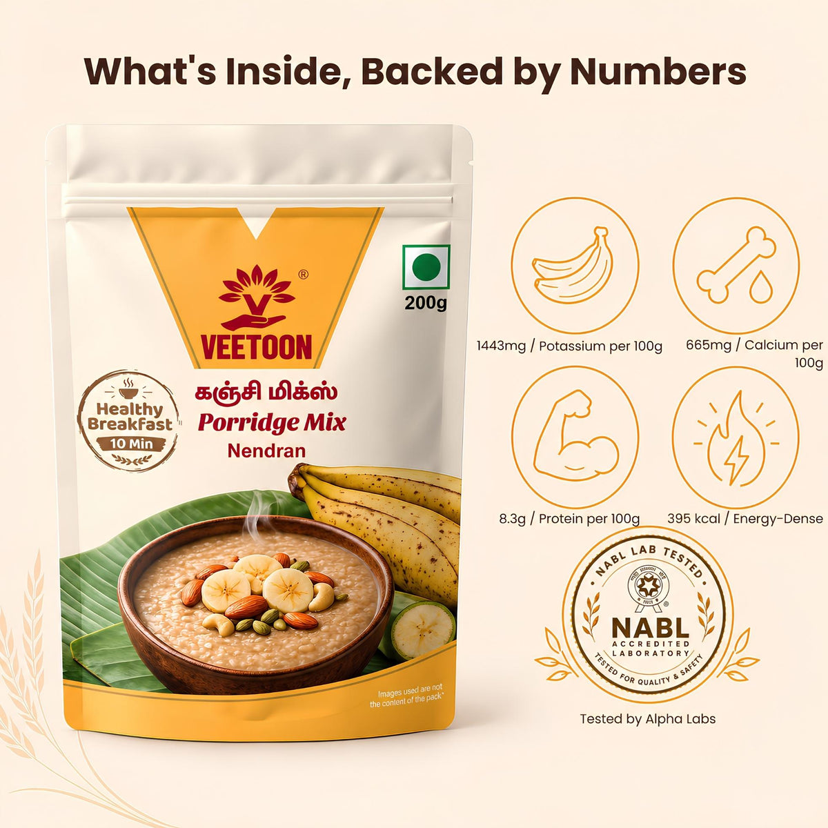 Kerala Nenthran Porridge Mix nutrition facts - potassium, calcium, protein and energy per 100g, NABL lab tested