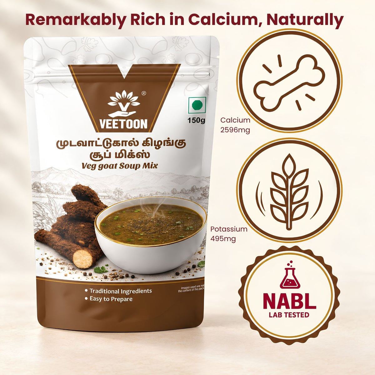 Veetoon Mudavaattukaal Kizhangu Soup Mix nutrition highlights — calcium, potassium and fibre per 100g, NABL lab tested