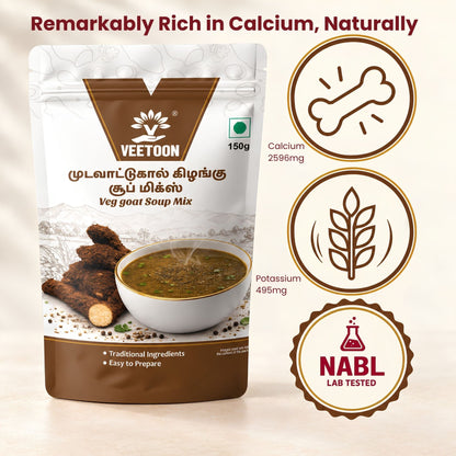 Veetoon Mudavaattukaal Kizhangu Soup Mix nutrition highlights — calcium, potassium and fibre per 100g, NABL lab tested