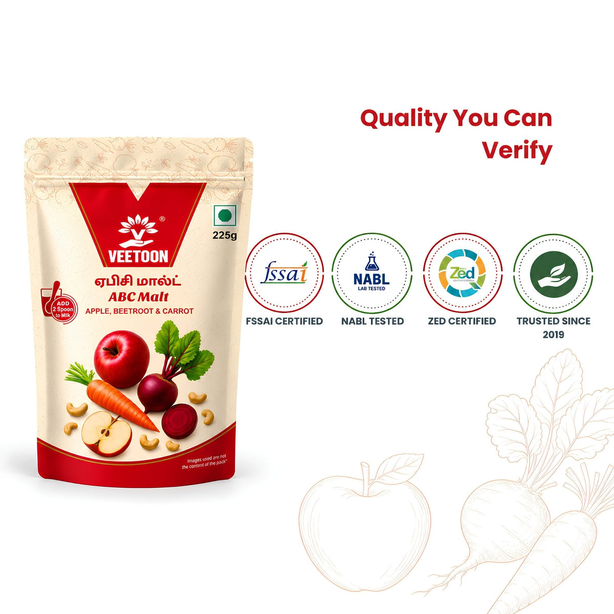 ABC Malt FSSAI certified, NABL tested and ZED certified health drink mix, trusted since 2019