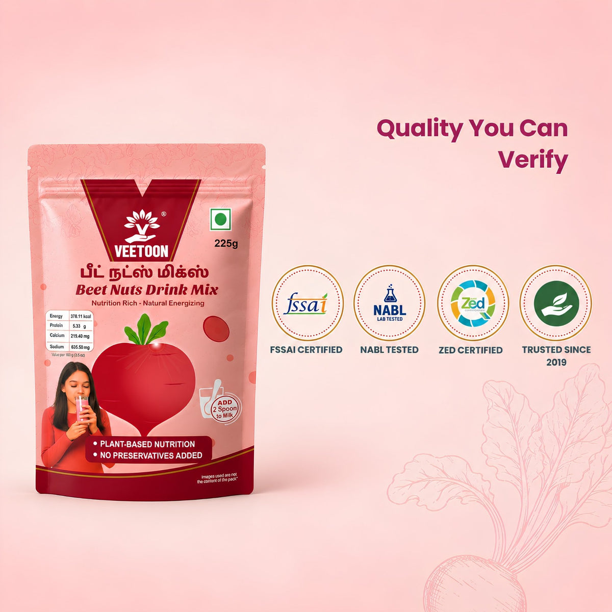 Beet Nuts Drink Mix FSSAI certified, NABL tested and ZED certified beetroot health drink, trusted since 2019